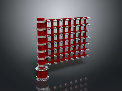 Scenic Landscape With Red Grid Metal Structure Silver Spikes Red Base And Gray Background 3d model