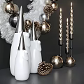 Festive Ornament Decoration Set With White Wreath Gold Silver Balls Pinecones And Candles