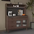 Elegant Wooden Sideboard with Drawers Glass Doors Featuring Coffee Machine Vase Oranges and Potted Plant