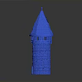 Blue Tower Model With Pointed Roof And Brick Textured Walls Featuring Small Windows