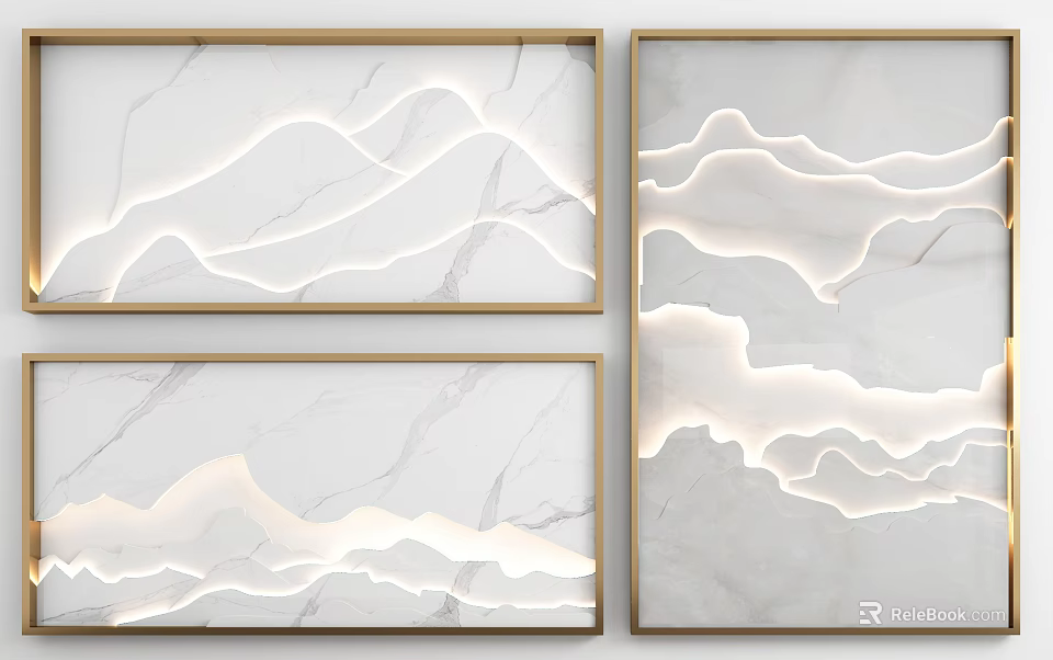 Modern Marble Wall Decor With Mountain Texture And Golden Framed Panels 3d model