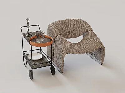 Modern Curved Woven Leisure Chair With Side Cart Tray Wine Glasses Candle Holder And Plate 3d model
