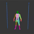 Superhero Figure In Red And Blue Costume Standing Between Tall Poles On Dark Background