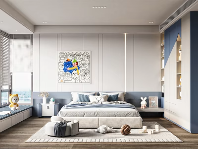 Children's Room Modern Interior With Blue Gray Bed Dolls Bookshelf Window Rug Decorative Painting 3d model