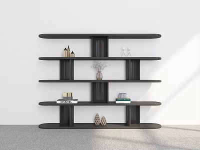 Modern Black Shelving Unit With Multiple Shelves Decorative Items Vase And Books In Minimalist Interior 3d model