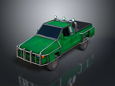 Green Pickup Truck With Metal Front Guard And Roof Lights On Dark Background 3d model