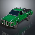Green Pickup Truck With Metal Front Guard And Roof Lights On Dark Background