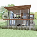 Modern Detached Villa Featuring Large Glass Windows Second Floor Balcony Sloped Roof And Green Surroundings