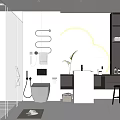 Modern Bathroom Interior With Glass Shower Enclosure Circular Mirror Vanity Shelves And Potted Plant