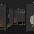 Hotel Corridor With Dark Walls Black Tiled Floor Rock Sculpture Circular Decor And Green Plants
