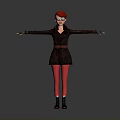 Woman with red hair wearing sunglasses black coat red pants black boots with arms outstretched