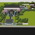 Modern Sales Office Building With Gray Roof Large Windows Rockery And Green Trees