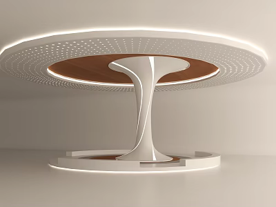 Modern Sculptural White Column With Round LED Lit Ceiling And Wooden Base 3d model