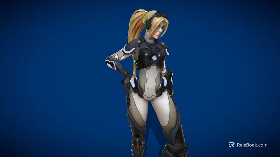 Futuristic Female Character In Black And White Armor With Blonde Ponytail And Blue Glowing Elements 3d model 