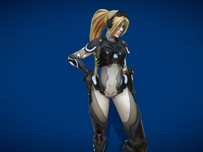 Futuristic Female Character In Black And White Armor With Blonde Ponytail And Blue Glowing Elements 3d model