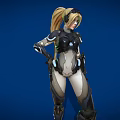 Futuristic Female Character In Black And White Armor With Blonde Ponytail And Blue Glowing Elements