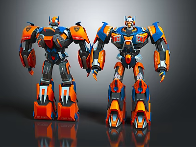 Orange And Blue Futuristic Robots With Mechanical Structure Standing On Reflective Surface 3d model