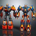 Orange And Blue Futuristic Robots With Mechanical Structure Standing On Reflective Surface