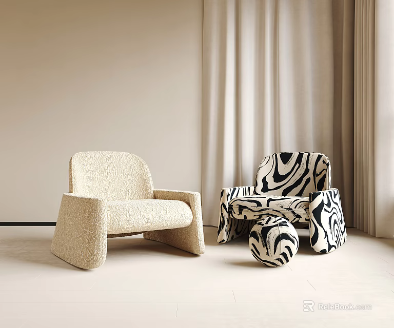 Modern Beige Accent Chairs With Textured Fabric And Zebra Print Ottoman In Light Curtained Room 3d model 