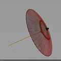 Red Paper Umbrella With Red Canopy Wooden Handle Decorative Ribs And Grey Background Light Shadow