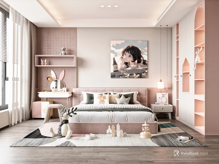 Cozy Pink Kids Room Interior With Bed Desk Rabbit Plush Toys Shelves And Wall Art 3d model 