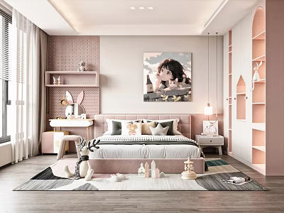 Cozy Pink Kids Room Interior With Bed Desk Rabbit Plush Toys Shelves And Wall Art 3d model