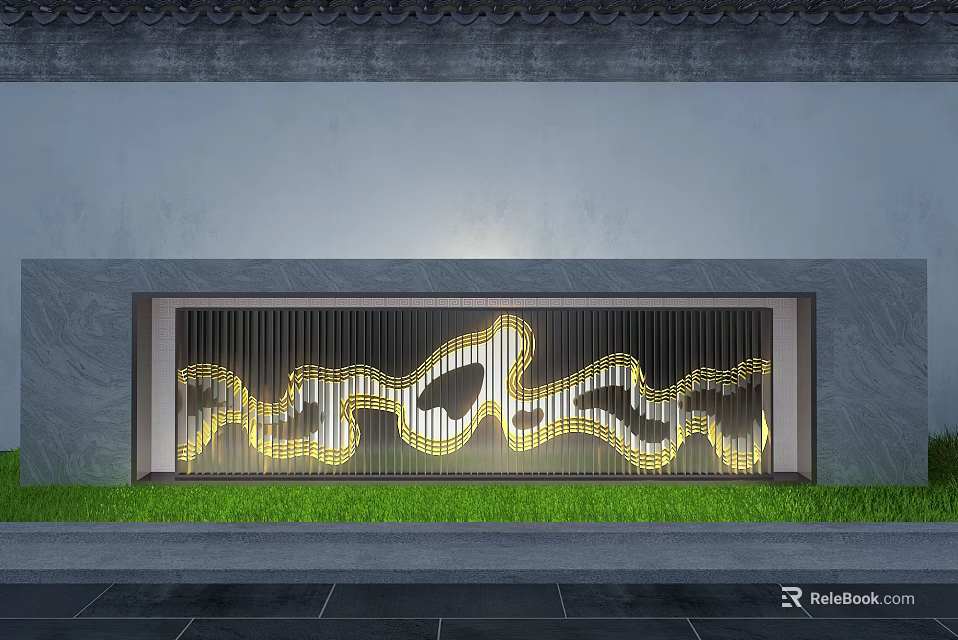 Modern Feature Wall With Illuminated Wave Pattern And Green Lawn Base 3d model 