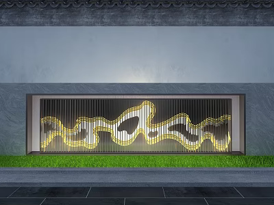 Modern Feature Wall With Illuminated Wave Pattern And Green Lawn Base 3d model