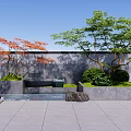 Water Fountain in Modern Courtyard Featuring Gray Wall Green Trees Red Maple and Stone Decoration