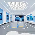 Modern Tech Exhibition Hall Interior With Blue Screens White Display Platforms And Hexagonal Ceiling
