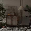 Wooden Rattan Door Cabinet in Natural Living Room with Potted Plants Chair and Floor Lamp
