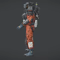 Game Movie Character in Orange Black Sci Fi Suit with Backpack Shoulder and Knee Guards