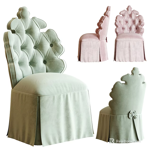 Elegant Tufted Dining Chairs With Floral Backrest And Skirted Design In Pastel Colors 3d model 
