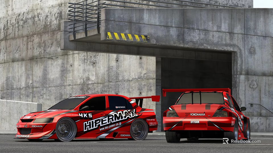 Red Racing Cars With HKS And HIPERMAX Logos Parked At Concrete Tunnel Entrance 3d model 