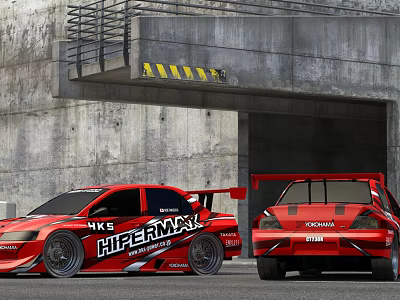 Red Racing Cars With HKS And HIPERMAX Logos Parked At Concrete Tunnel Entrance 3d model