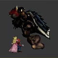 3D Game Character Scene With Red Spiked Monster Red Outfit Male And Pink Dress Female