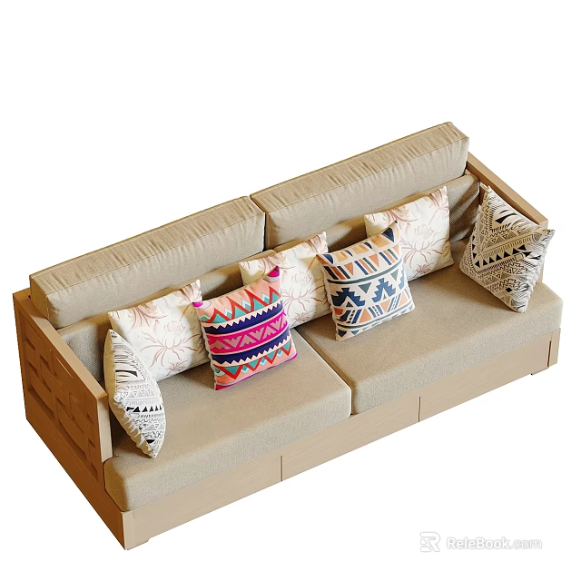 Beige Double Sofa With Upholstered Design And Geometric Patterned Tassel Cushions 3d model