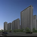 Modern High Rise Residential Complex With Glass Curtain Walls Street Trees And Cars