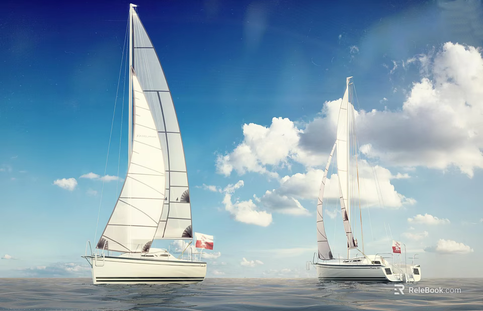 Two Sailboats Sailing On The Sea With Blue Sky And White Clouds 3d model 