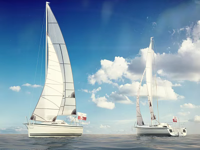 Two Sailboats Sailing On The Sea With Blue Sky And White Clouds 3d model