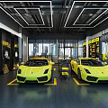Car Dealership Showroom Featuring Two Yellow Sports Cars Modern Lighting And Glass Walls