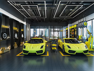 Car Dealership Showroom Featuring Two Yellow Sports Cars Modern Lighting And Glass Walls 3d model