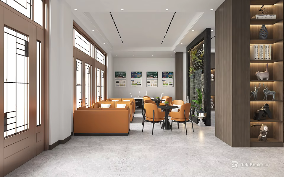 Open Modern Lounge Area Featuring Orange Sofas Tables Chairs Green Plants Floor To Ceiling Windows 3d model