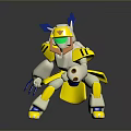 3D Mechanical Creature Character With Yellow White Body Blue Ears And Green Eyes