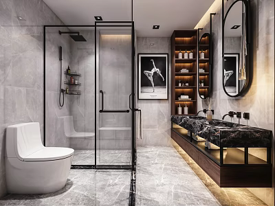 Modern Luxurious Bathroom Featuring Marble Surfaces Glass Shower Double Sink Vanity And Soft Ambient Lights 3d model