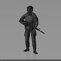 A Man In Police Tactical Gear With Helmet Mask Holding Rifle Against Gray Background