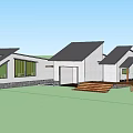Guesthouse Building With Grey Roof White Walls Green Lawn Trees And Wooden Terrace