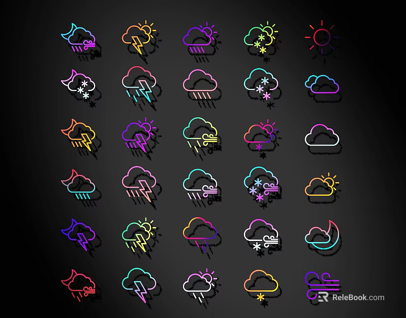 Colorful Weather Icons Collection With Neon Line Design Cloud Rain Snow Sun 3d model 
