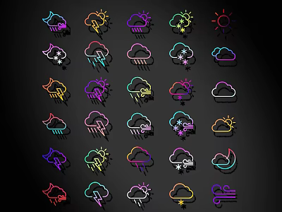 Colorful Weather Icons Collection With Neon Line Design Cloud Rain Snow Sun 3d model
