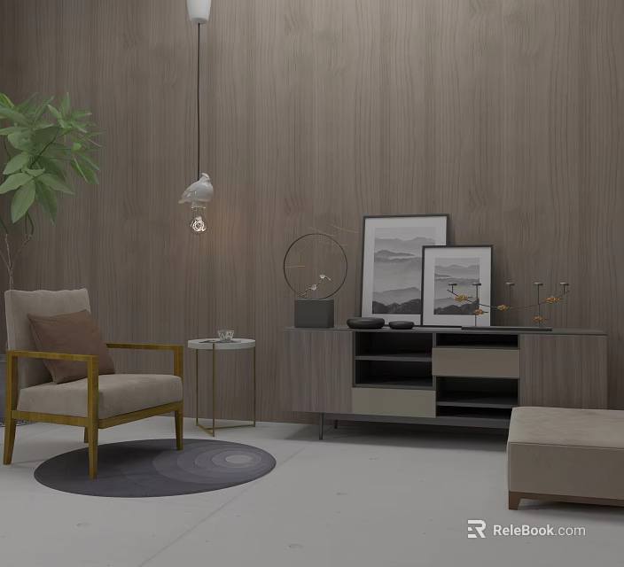 Modern Entryway Interior With Wooden Cabinet Sideboard Decorative Paintings And Hanging Lamp 3d model 